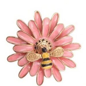 New Pink Enamel Daisy Flower Bee Brooch Gold Tone Vintage Style Pin